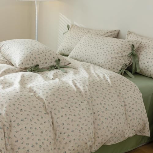 Full Comforter Set Vintage Green Floral Bedding Comforter Boho Flower Cottagecore Comforter with 2 Bow Ties Pillowcases Fluffy Lightweight Bedding Farmhouse Botanical Comforter Set (3 Count)