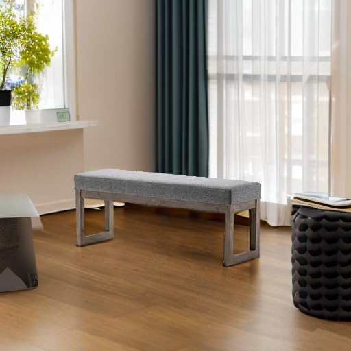 SIMPLIHOME Milltown Large Ottoman Bench - 44 inch Wide Upholstered Linen Look Fabric Rectangle Footstool Ottoman in Grey, Contemporary Bench for Bedroom or Entryway with Cushioned Seat, Assembled