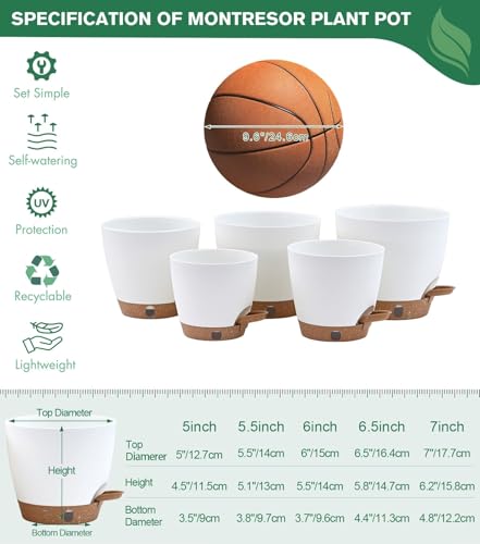 5-Pack Self-Watering Planters with Wick & Reservoir (5/5.5/6/6.5/7 Inch) – Plastic Indoor Pots with Drainage, Modern White Flower Pot for Violet, Herb (5 Count)