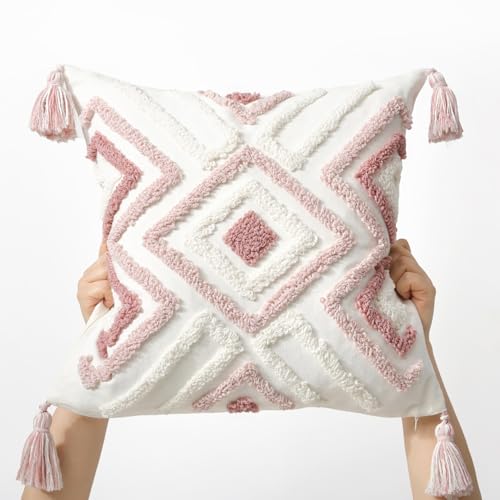 Boho Pillow Covers 18X18 Inch Boho Tufted Throw Pillow Covers Decorative Tassels Cushion Cover Farmhouse Pillow Case for Couch Sofa Bed Living Room Bedroom