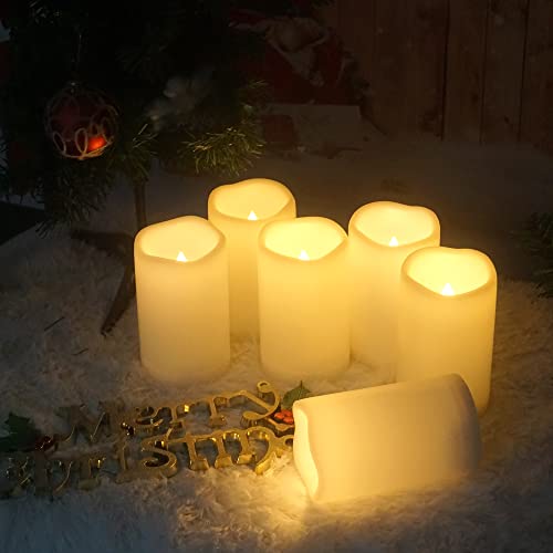 Waterproof Outdoor Battery Operated Flameless Candles with Remote Timer Plastic Realistic Flickering Fake Electric LED Pillars Lantern Garden Wedding Christmas Decorations 3”x5” 6 Pack