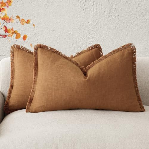 Decorative Linen Fringe Lumbar Throw Pillow Covers 12×20 Orange (2 Count)