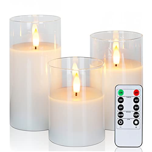 White Glass Flameless LED Candles Battery Operated with Remote Timer (3 Count)