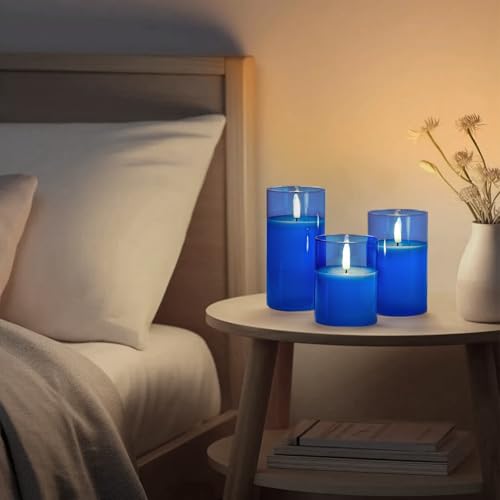 Blue Glass Flameless LED Candles Battery Operated with Remote Timer (3 Count)