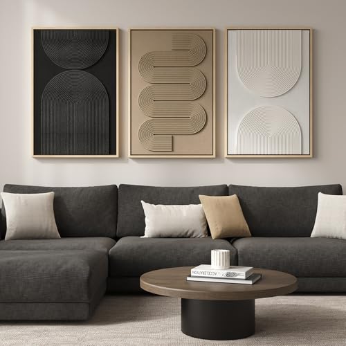 Large Framed Neutral Abstract Wall Art for Living Room (3 Count)