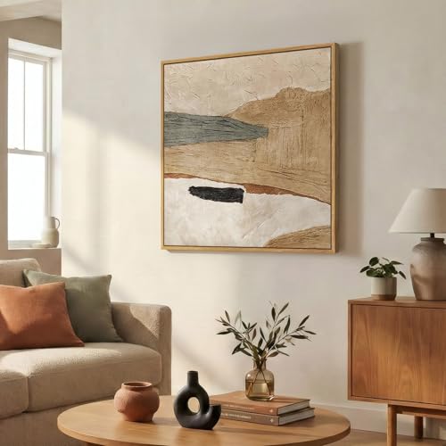 Framed Neutral Organic Abstract Canvas Wall Art for Dining Room