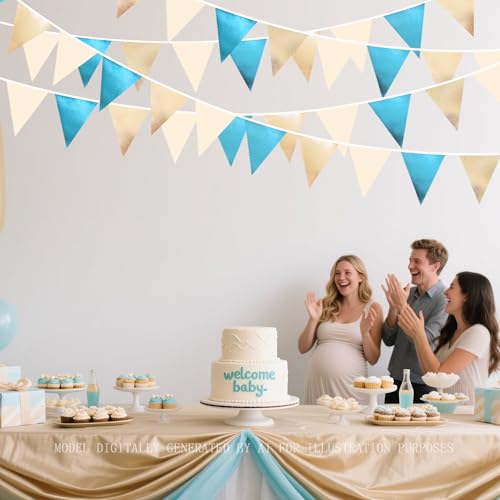 Champagne Gold Sky Blue Beige Decorations Metallic Fabric Triangle Pennant Banner Bunting Flag Garland for Birthday Baby Shower Engagement Wedding Graduation Bridal Shower Party Decorations Supplies (36 Count)