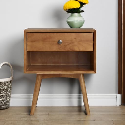 Walker Edison Mid Century Modern Wood Nightstand Side Table Bedroom Storage Drawer and Shelf Bedside End Table, 1 Drawer, Caramel