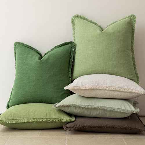 Decorative Linen Fringe Throw Pillow Covers 22×22 Forest Green (2 Count)