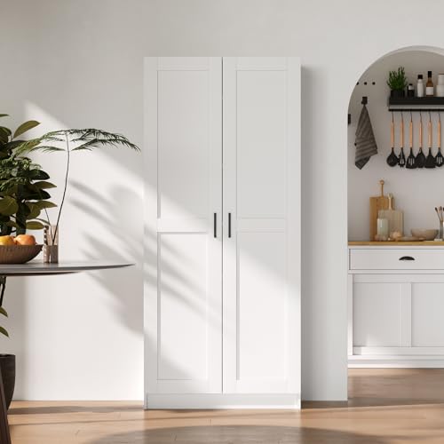 White Tall Kitchen Pantry Cabinet Organizers and Storage with Doors and Adjustable Shelves