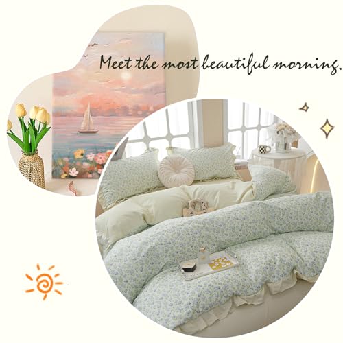 Green Floral Comforter Set Twin XL Romantic Ruffled Comforter Blue Flower Bedding Comforter Set Soft Microfiber Floral Bedding Set Lightweight Fluffy Vintage Botanical Comforter for All