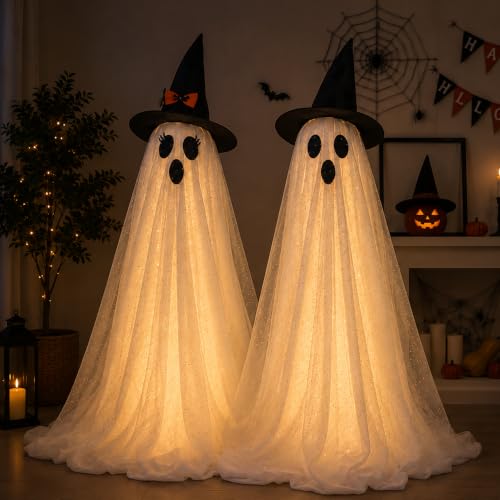 2 Pack Light Up Halloween Ghost Decorations Outdoor with Remote Control (Warm White)