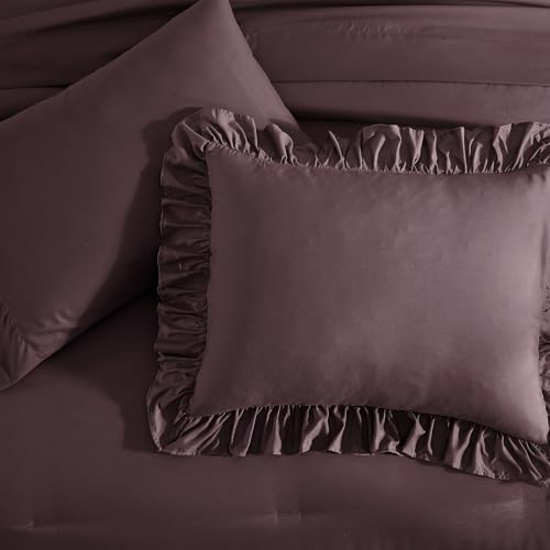 Oversized Queen Comforter Set Dark Purple Ruffle 7 Pieces Bed in a Bag