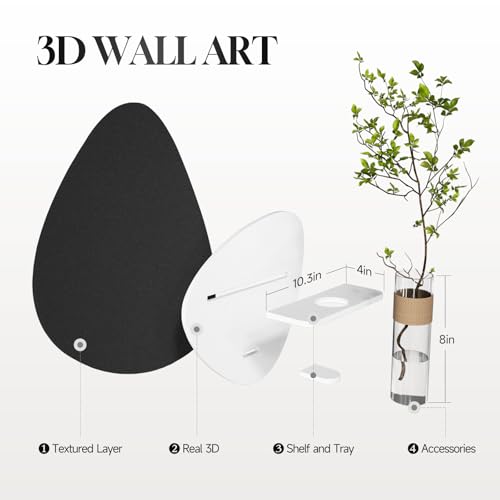3D Textured Black and White Wall Art with Vase and Shelf