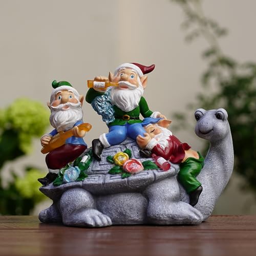 Solar Garden Outdoor Statues Gnome Turtle Three Gnomes Having Party on Turtle with 7 LED Lawn Decor Outside Decorations for Patio