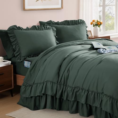 Full Size Comforter Set Forest Green Ruffle 7 Pieces Farmhouse Bed in a Bag