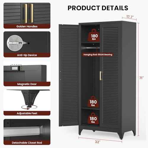 71" Tall Black Wardrobe Closet with Door and Adjustable Shelves