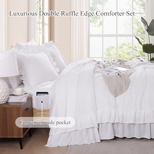 Full Size Comforter Set White Ruffle 7 Pieces Farmhouse Bed in a Bag
