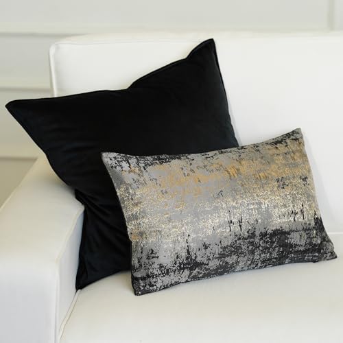 Charcoal Champagne Metallic Jacquard Lumbar Pillow Cover 12x20 Velvet Back Modern Glam Sofa Decor