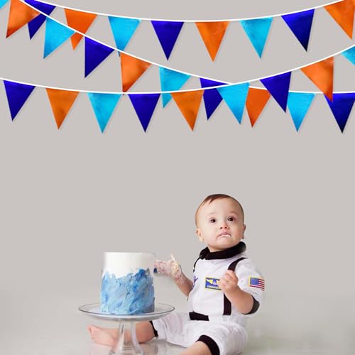 Orange Blue Party Decorations Metallic Fabric Triangle Pennant Flag Bunting Banner Garland for Birthday Baby Shower Graduation Bridal Shower Wedding Bachelorette Engagement Space Theme Party Supplies (36 Count)