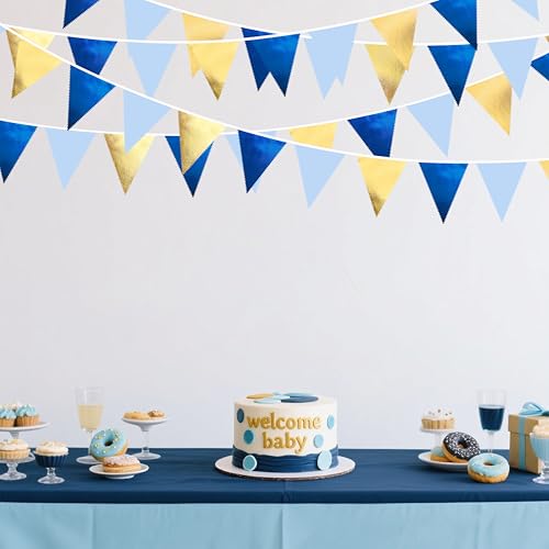 Gold Blue Party Decoration Gradient Blue and Gold Triangle Pennant Banner Flag Metallic Fabric Bunting Garland for Nautical Ahoy Achor Birthday Graduation Retirement Wedding Baby Shower Party Supplies (36 Count)