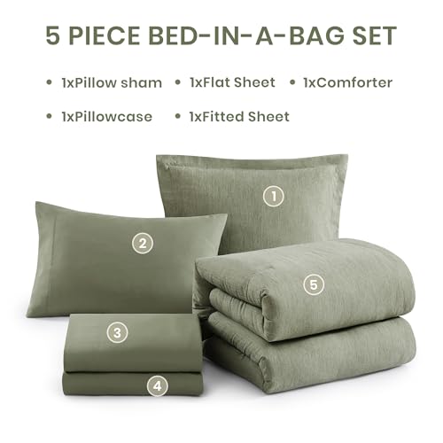 Twin XL Comforter Set Sage Green Bed in a Bag 5 Pieces for Dorm
