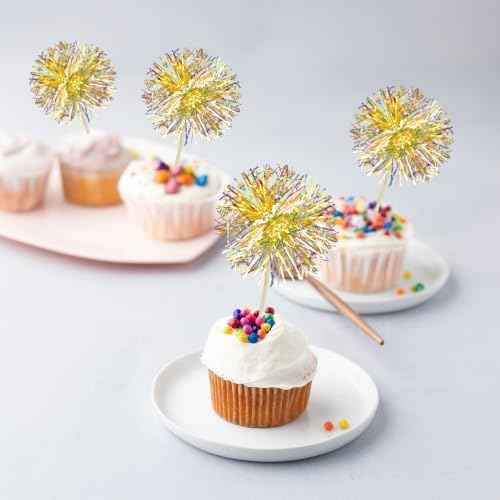 30Pcs Foil Firework Cupcake Toppers Party Birthday Cake Toppers Supplies Sparkle Tinsel Cocktail Fruit Toothpick for Birthday Wedding Graduation Party Yellow (30 Count)