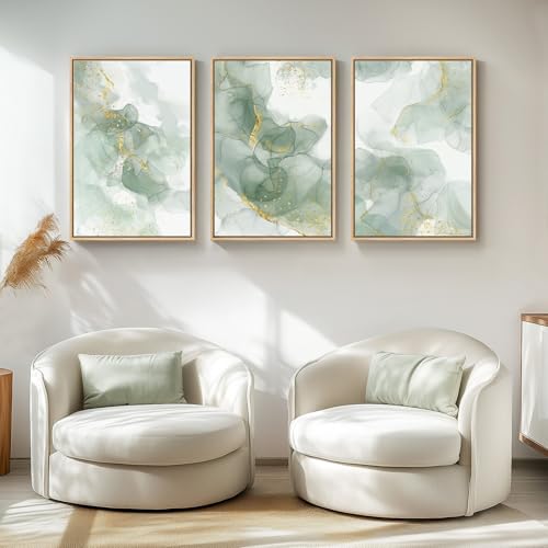 Large Framed Sage Green Gold Abstract Wall Art (3 Count)