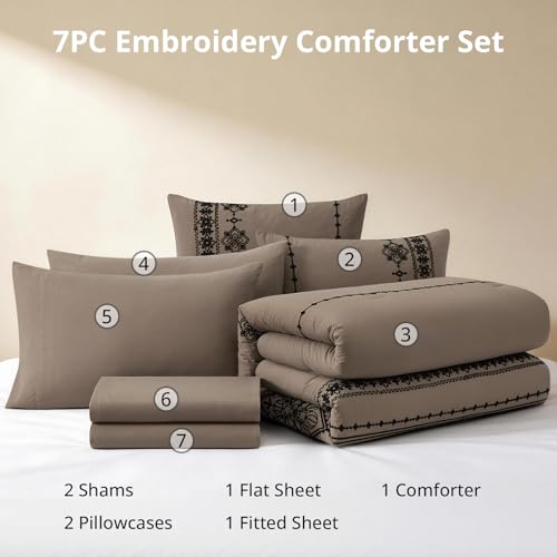 Full Size Comforter Set Embroidery Floral 7 Pieces Bed in a Bag