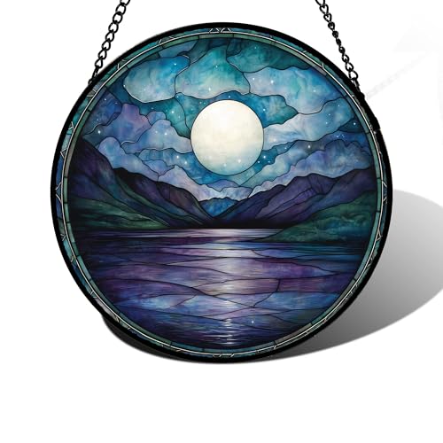 Blue Moon Lake Stained Glass Window Hanging Suncatcher Gift for Women 7.8"