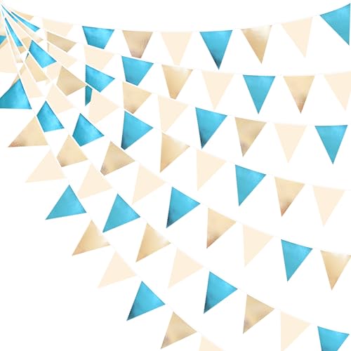 Champagne Gold Sky Blue Beige Decorations Metallic Fabric Triangle Pennant Banner Bunting Flag Garland for Birthday Baby Shower Engagement Wedding Graduation Bridal Shower Party Decorations Supplies (36 Count)