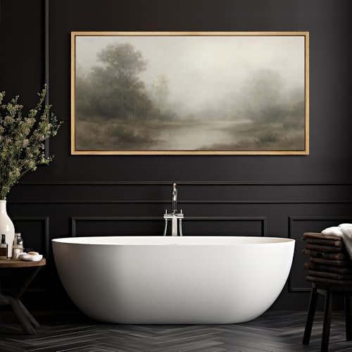 Extra Larg Framed Canvas Print Wall Art Misty Forest River Landscape Neutral Tones Nature Illustrations Decorative Colorful for Bedroom