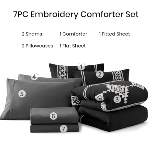 Embroidery King Size Comforter Set 7 Pieces Black Bed in a Bag