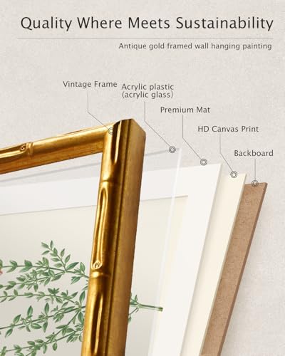 Gold Bamboo Framed Wall Art Vintage Animal Crane Prints