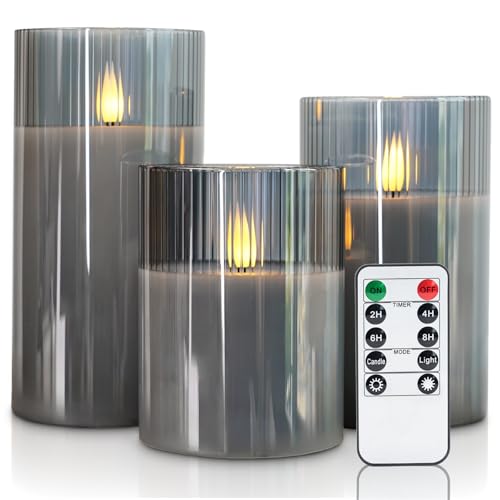 Grey Ribbed Glass Flameless Electric LED Candles with Remote Timer (3 Count)