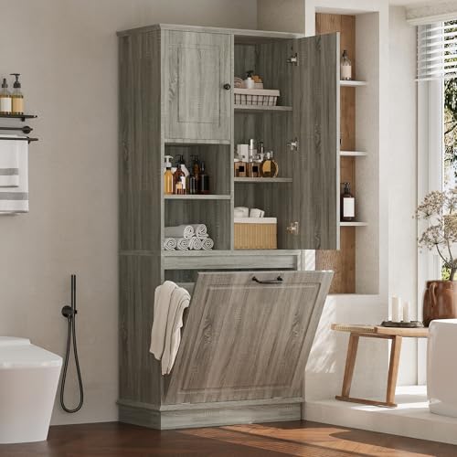 68" Tall Bathroom Storage Cabinet with Two Doors and Laundry Hamper for Home Display Organizer