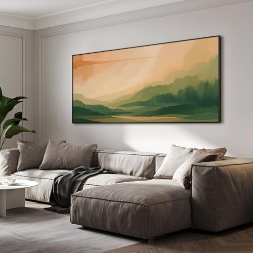36"x72" Extra Large Framed Wall Art Serene Green Mountains Horizon Landscape Illustration for Home Living Room Bedroom Decor