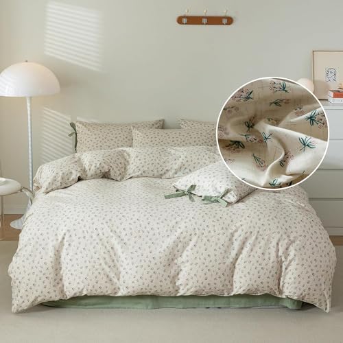 Green Flower Comforter Set Twin XL Vintage Floral Comforter with 2 Bow Ties Pillowcases Soft Fluffy Cottagecore Bedding Set for Girls Women Botanical Bedding Comforter Set for All Season