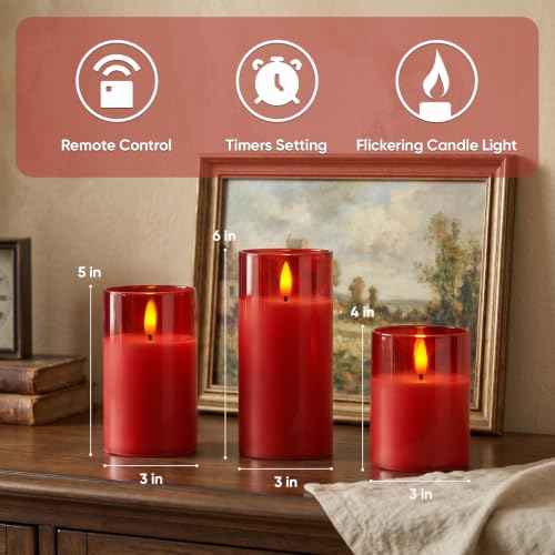 Red Glass Flameless LED Candles Battery Operated with Remote Timer (3 Count)