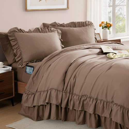 King Size Comforter Set Amber Brown Ruffle 7 Pieces Farmhouse Bed in a Bag