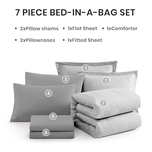 Full Comforter Set 7 Pieces Light Grey Cationic Dyeing Bed in a Bag