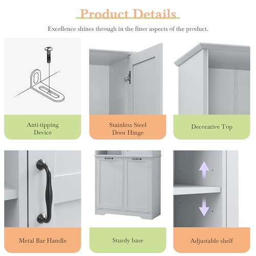 68" Tall Bathroom Storage Cabinet with One Door and Two Laundry Hampers for Home Display Organizer