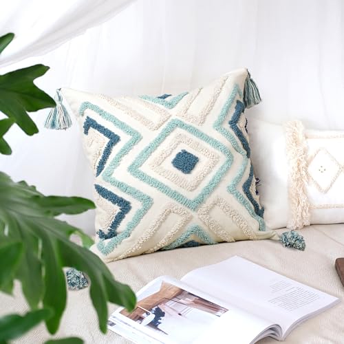 Boho Pillow Covers 18X18 Inch Boho Tufted Throw Pillow Covers Decorative Tassels Cushion Cover Farmhouse Pillow Case for Couch Sofa Bed Living Room Bedroom