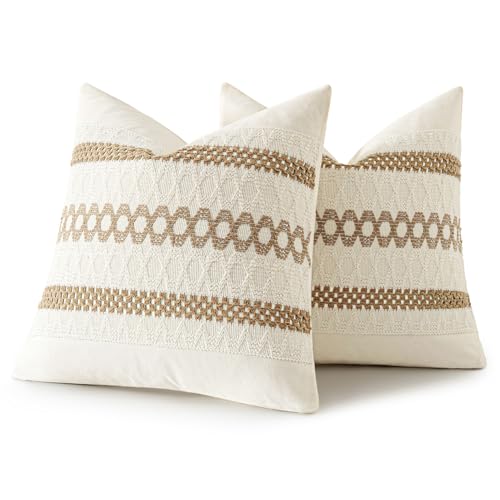Set of 2 Neutral Boho Decorative Pillow Covers 20x20 Inch (2 Count)
