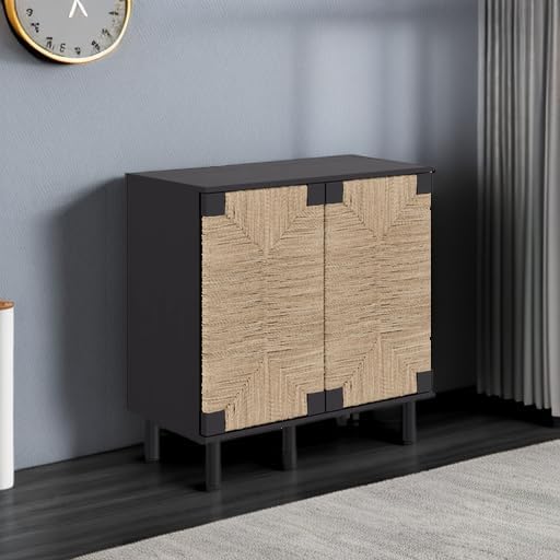 Nathan James Beacon Accent Natural Sideboard Storage Cabinet TV Stand in Wire-Brushed Wood with Adjustable Interior Shelf and Seagrass Doors, for Hallway, Entryway or Dining Room, Black, Set of 3