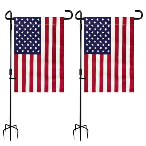 2 Pack Garden Flag Stand with American Flag Garden Flag Heavy Duty Metal Yard Flag Holder Pole Stake Small Flag Stands for Garden Flags 12 x 18 with Clips and Stopper (2 Count)