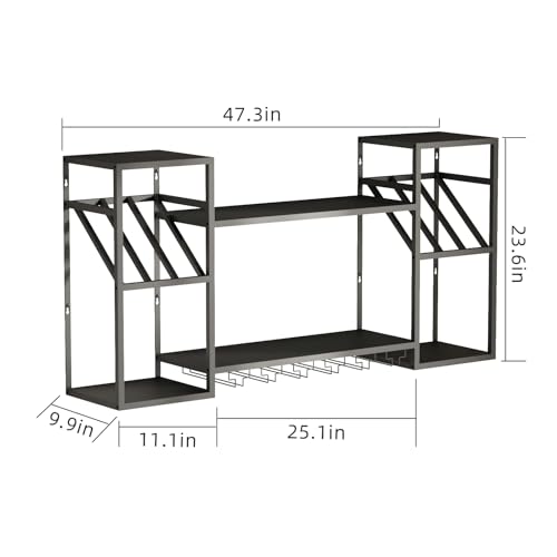 Black Bar Shelf with Integrated Glass Rack for Liquor Display