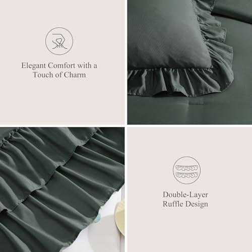 Full Size Comforter Set Forest Green Ruffle 7 Pieces Farmhouse Bed in a Bag