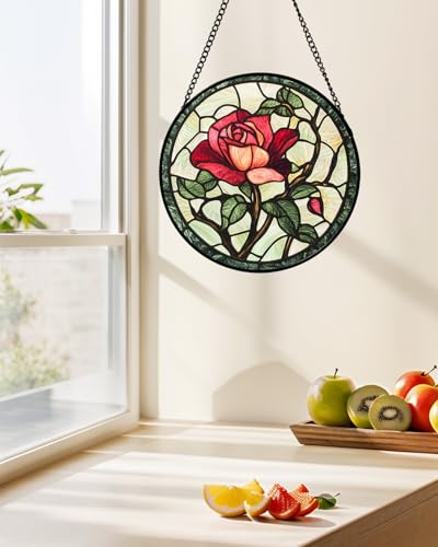 Stained Glass Window Hanging Red Rose Suncatcher Gifts for Women 6.3"