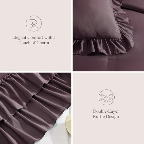 King Size Comforter Set Dark Purple Ruffle 7 Pieces Farmhouse Bed in a Bag